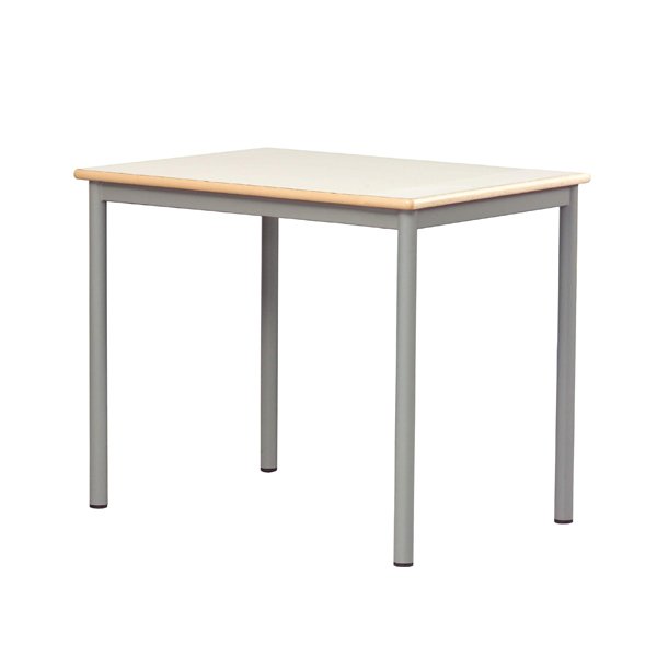 Mesa escolar individual com tampo de madeira clara e pernas metálicas cinzentas.