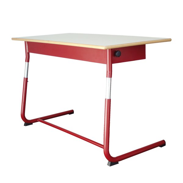 Mesa rectangular com tampo claro e pernas metálicas vermelhas.