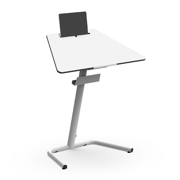 Mesa individual com tampo branco, suporte superior preto e base metálica central cinzenta.