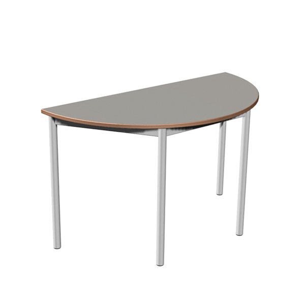 Mesa semicircular com tampo cinzento, bordo castanho e pernas metálicas.