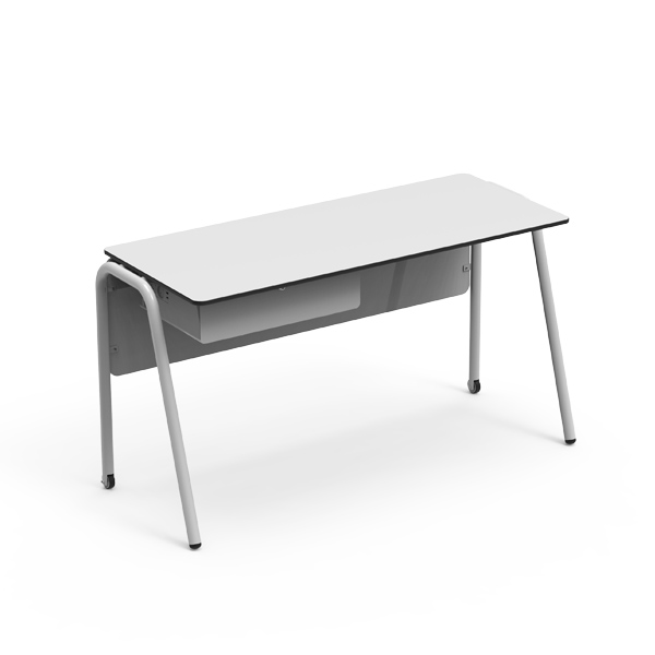 Mesa Team Dupla Professor com tampo claro, pernas metálicas inclinadas e painel frontal.