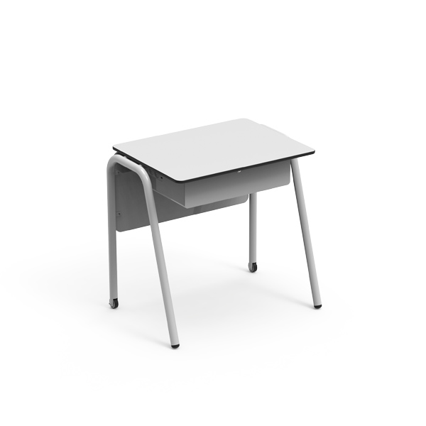 Mesa Team Individual com tampo cinzento-claro, pernas metálicas e compartimento de arrumação sob o tampo.