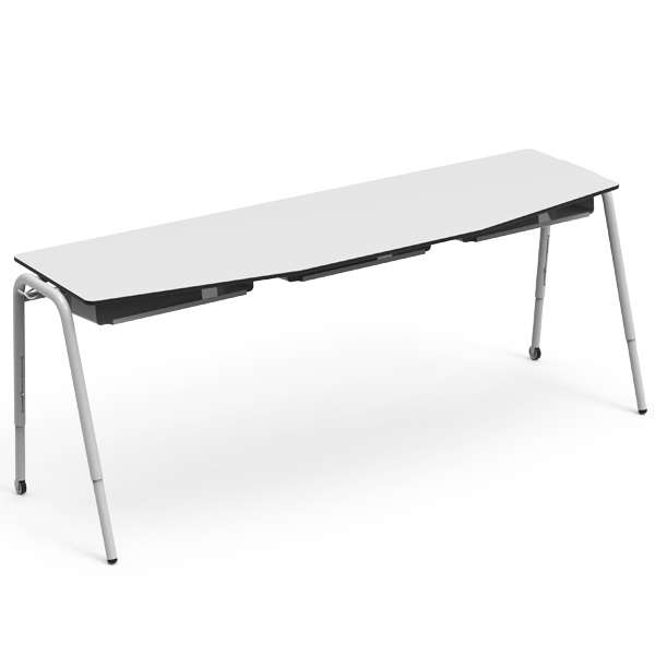 Mesa Team Tripla branca com tampo rectangular e pernas metálicas inclinadas.