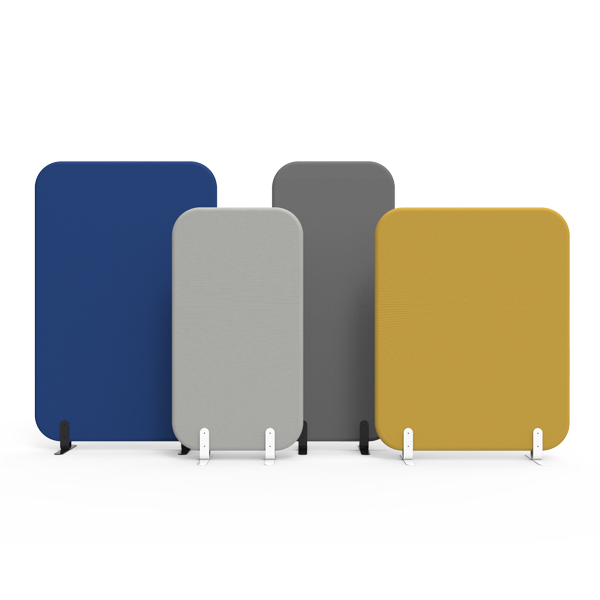 Painéis acústicos MUTE fixos em azul, cinzento-claro, cinzento-escuro e amarelo.