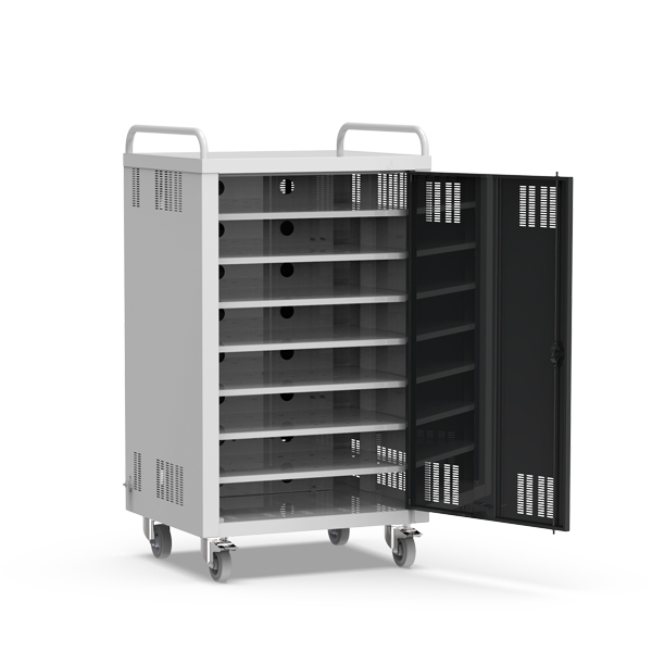Armário móvel Netbook Bus com porta preta aberta, compartimentos interiores e rodas.