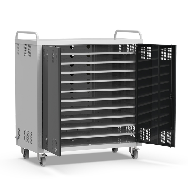 Armário móvel Netbook Bus com porta aberta, compartimentos interiores, pegas e rodas.