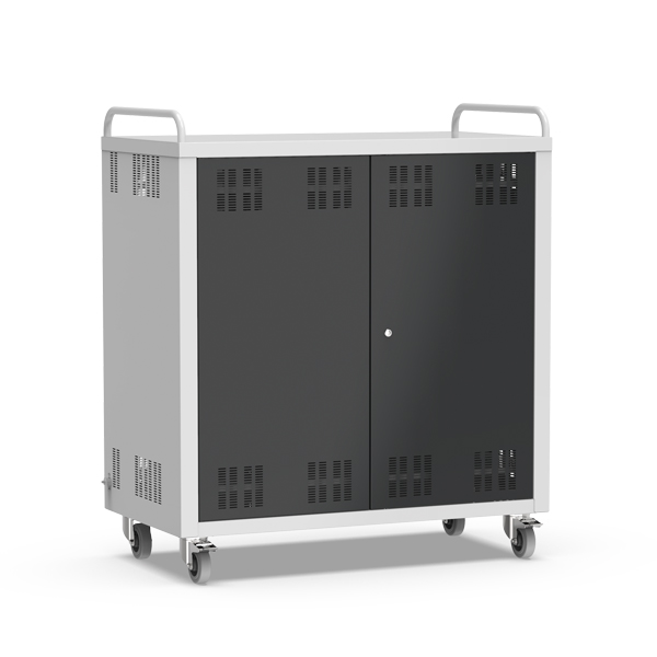 Armário móvel Netbook Bus com estrutura cinzenta, portas pretas ventiladas, pegas laterais e rodas.