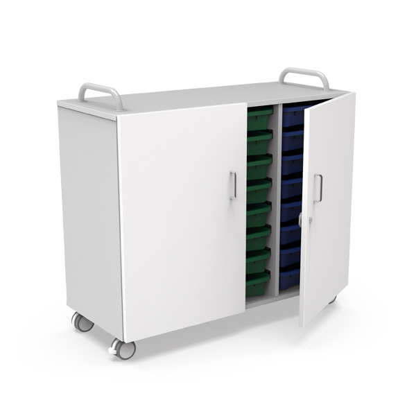 Armário branco com rodas e portas, uma delas aberta para mostrar os tabuleiros verdes e azuis no interior.