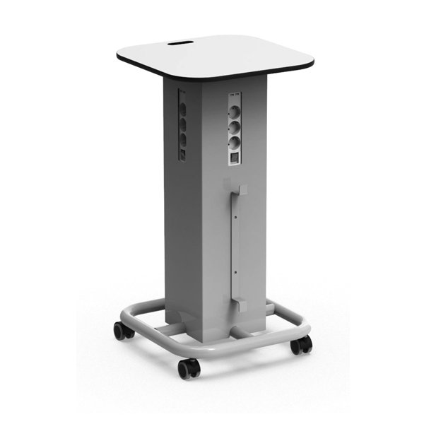 One Powerstation cinzenta com tomadas laterais e base com rodas.