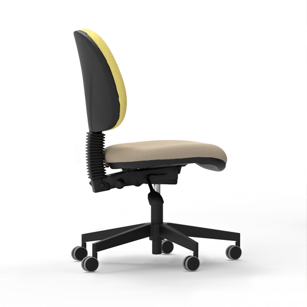 Vista lateral de uma cadeira Nova Office Origin com assento bege, encosto amarelo e preto e base preta com rodas.