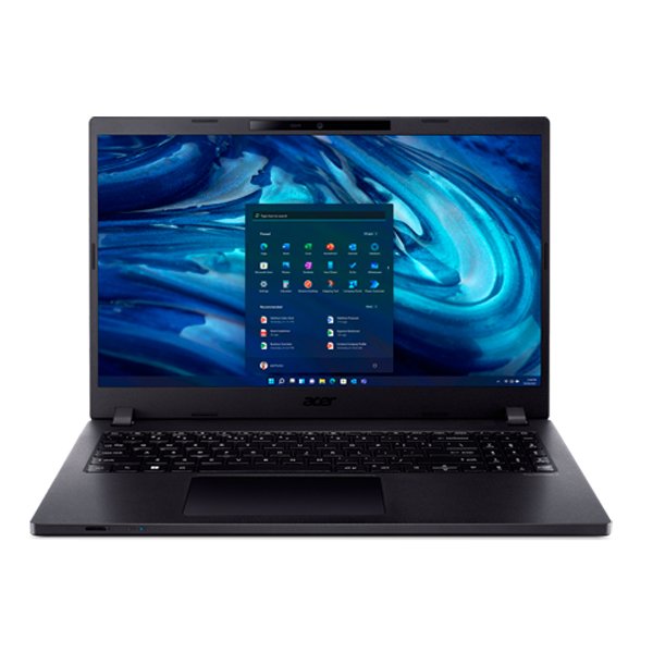 Computador portátil Acer TravelMate P2 preto, aberto e visto de frente, com fundo azul no ecrã.