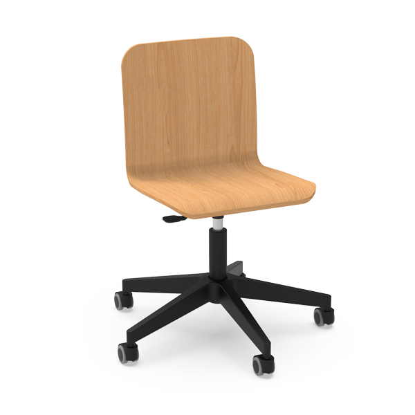Cadeira Smooth S Spin com assento e encosto de madeira e base giratória preta com rodas.