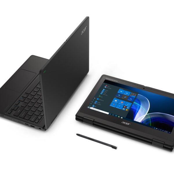 Acer TravelMate Spin B3 apresentado em modo portátil e em modo tablet, acompanhado de uma caneta digital.