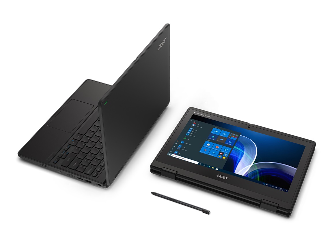 Acer TravelMate Spin B3 apresentado em modo portátil e em modo tablet, acompanhado de uma caneta digital.