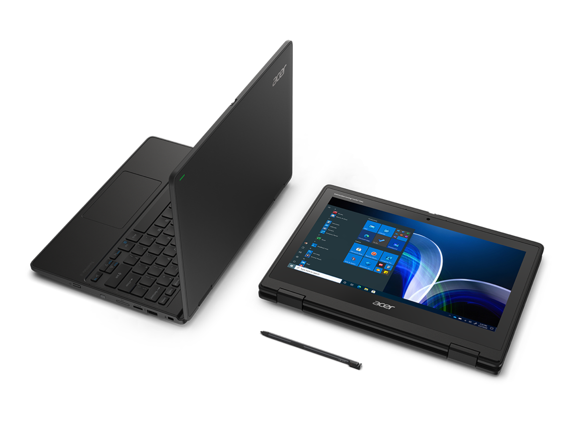 Acer TravelMate Spin B3 apresentado em modo portátil e em modo tablet, com uma caneta digital ao lado.