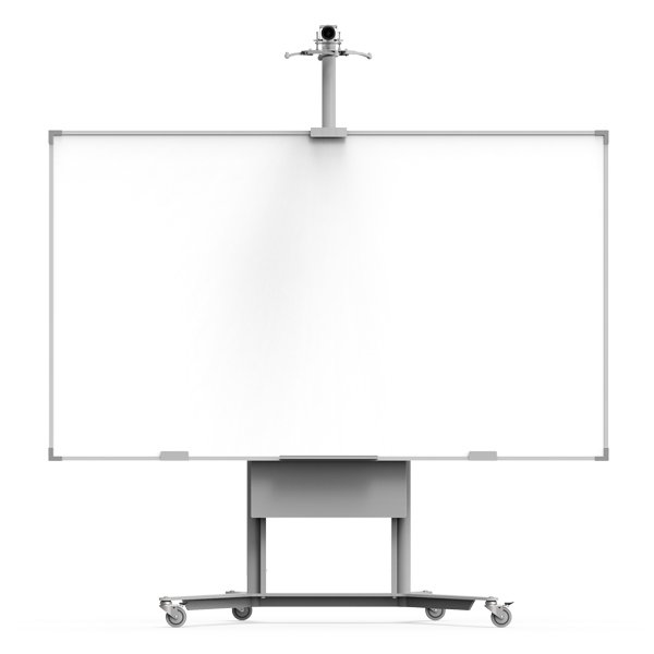Quadro branco com suporte móvel e estrutura superior para equipamento.
