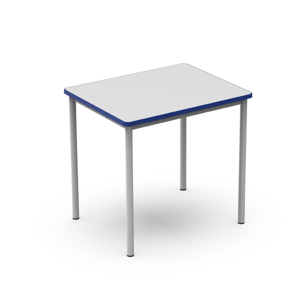 Mesa Ergos Edge com tampo branco, bordo azul e pernas metálicas.