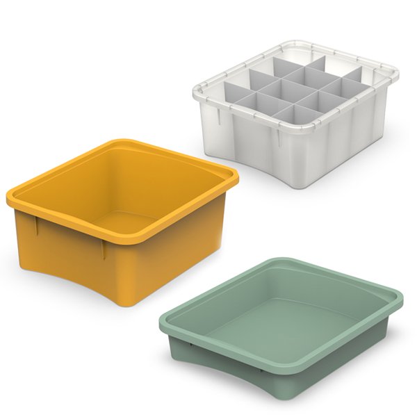 Tabuleiros Ergos em branco, amarelo e verde-claro, incluindo um com divisórias cinzentas.