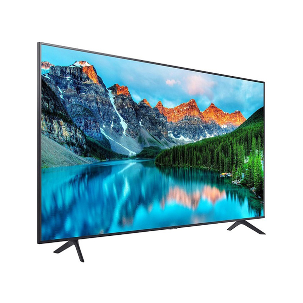 Ecrã Samsung BE50T-H sobre dois pés, a mostrar uma paisagem de montanhas e um lago.