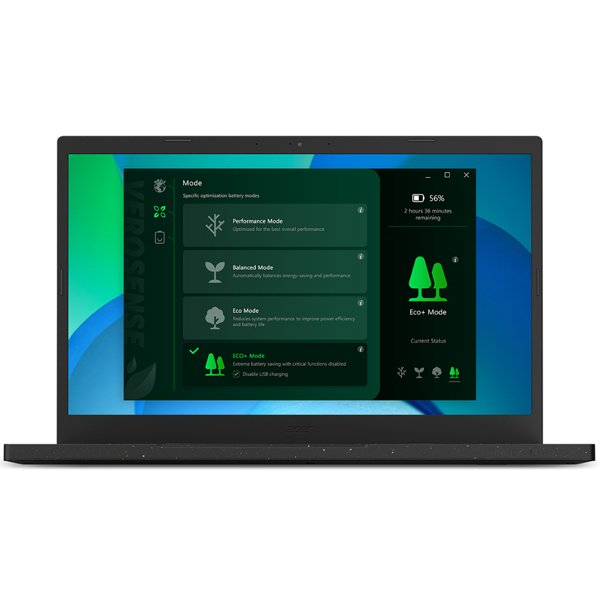Computador portátil preto com uma aplicação de gestão de energia aberta no ecrã.