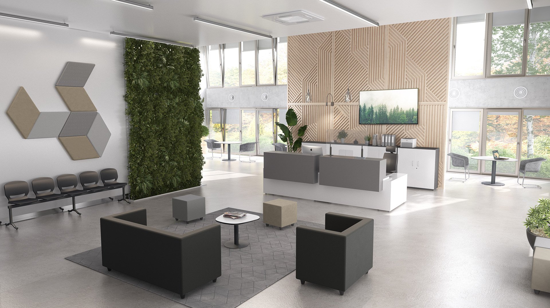 Átrio com parede de plantas, assentos cinzentos, balcão de recepção branco e decoração geométrica.