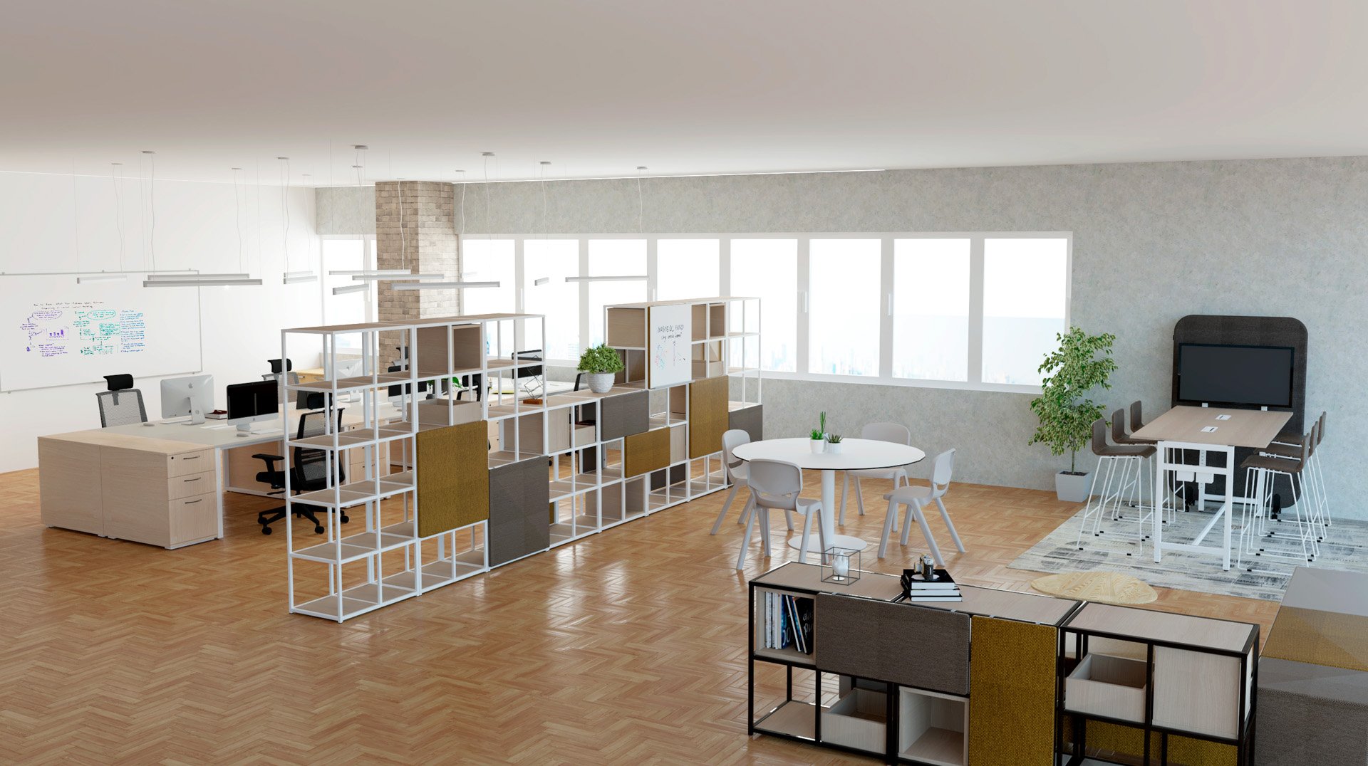 Escritório aberto com mesas, estantes divisórias, quadro branco, plantas e zona de reunião.
