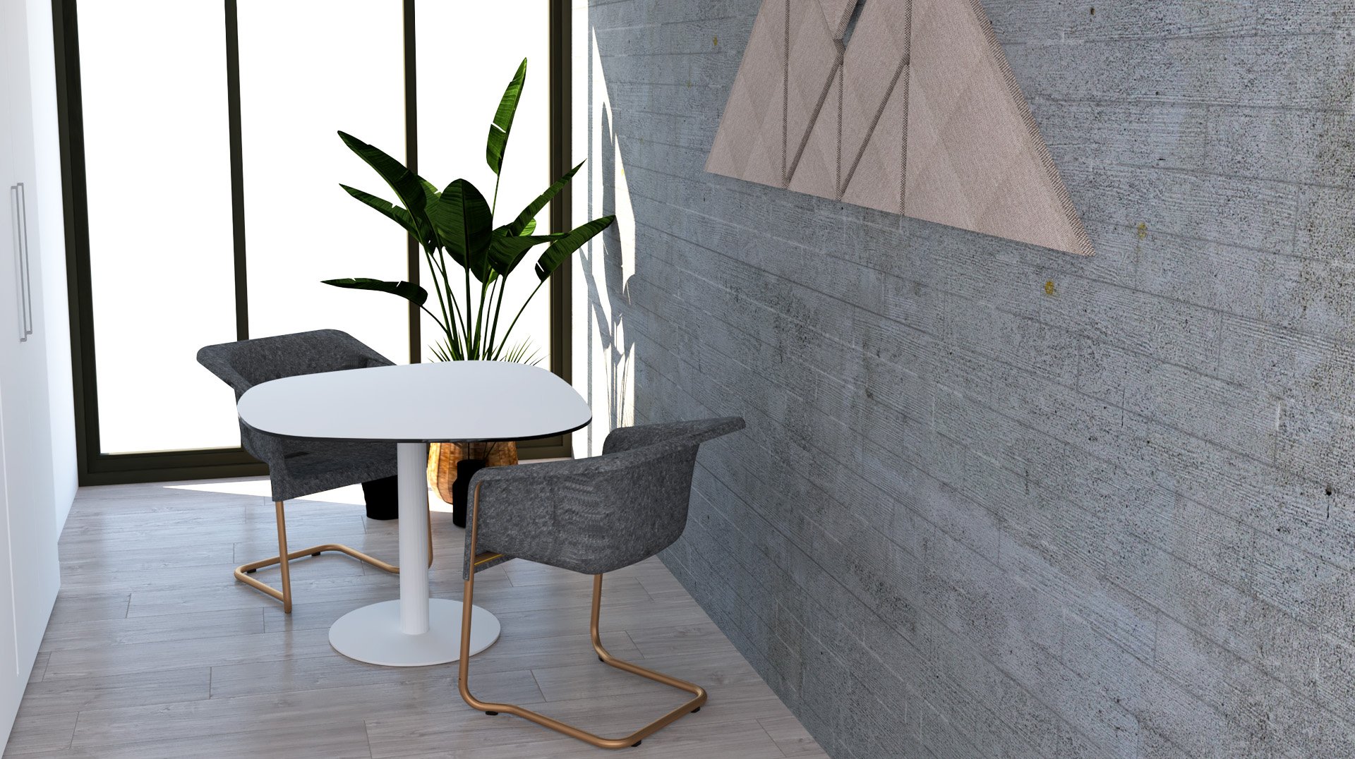 Espaço com mesa oval branca, cadeiras cinzentas e planta junto às janelas.
