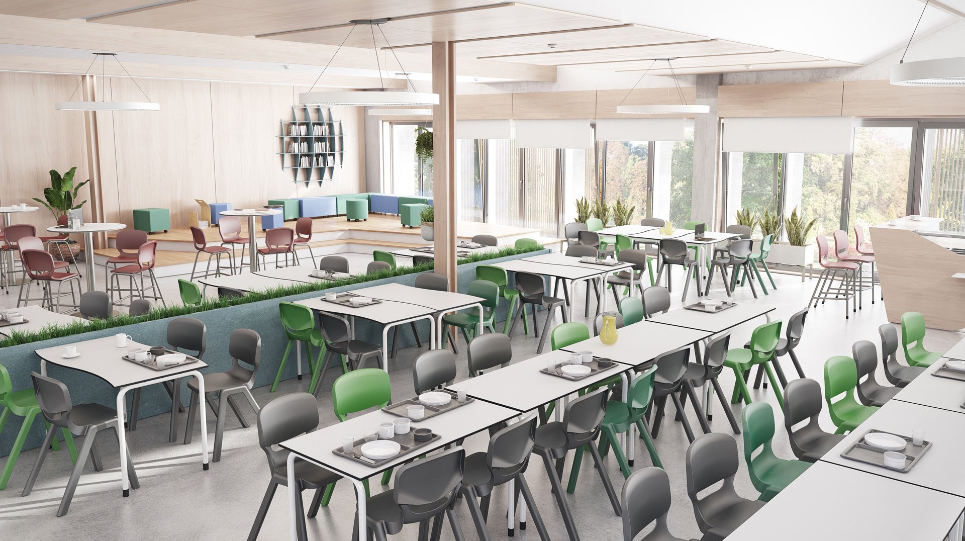 Una cafetería luminosa y moderna con filas de mesas blancas y sillas verdes o grises, provistas de platos y tazas. Grandes ventanales dejan entrar la luz natural y macetas con plantas decoran el espacio.
