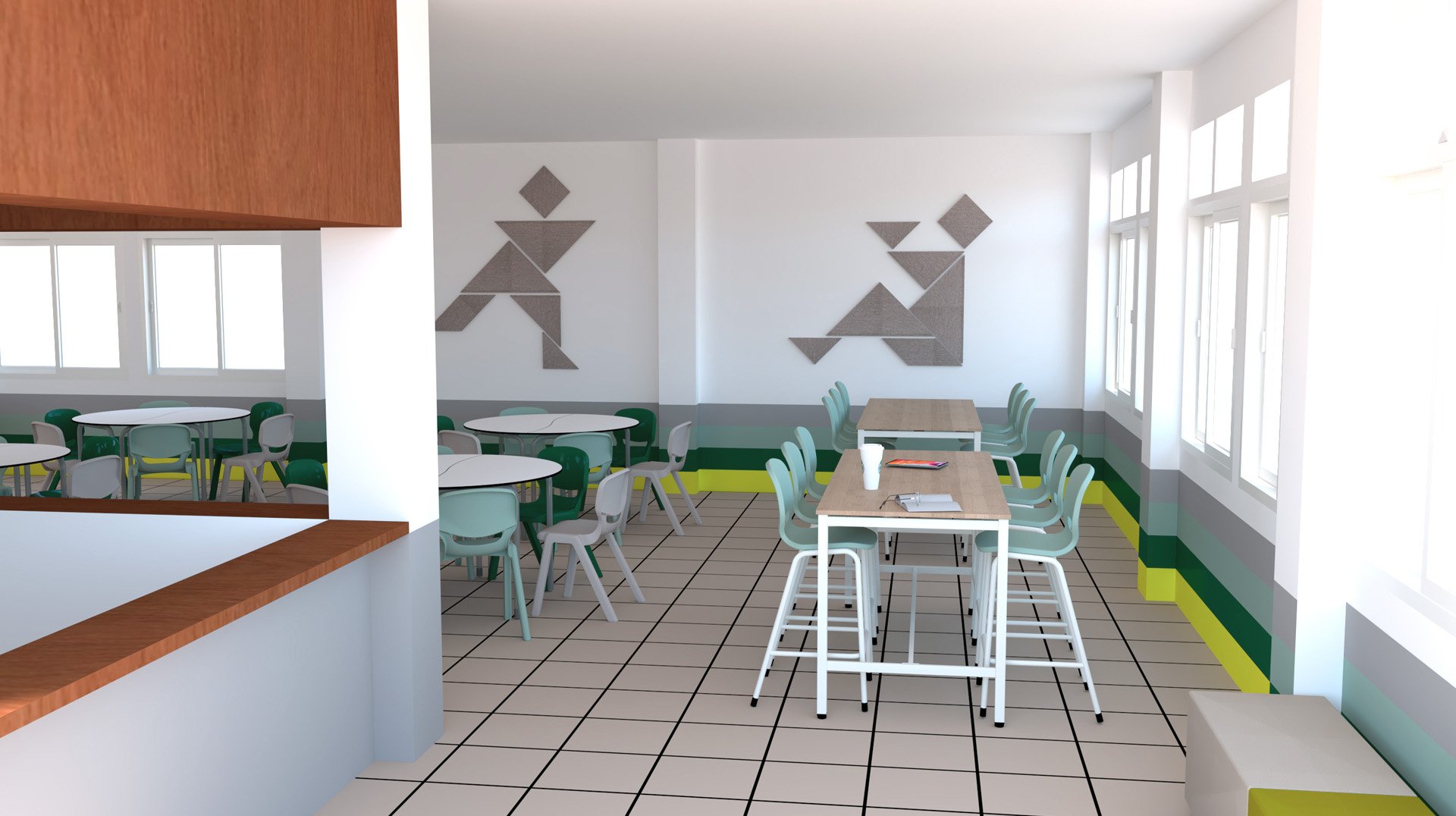 Cafetería luminosa con sillas verde claro, mesas blancas, grandes ventanales y murales geométricos. Hay mesas normales y altas, y el suelo es de baldosas cuadriculadas. La luz del sol inunda el espacio.
