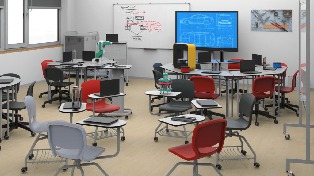 Sala com mesas e cadeiras de várias cores, computadores portáteis, impressoras 3D e equipamento de robótica.