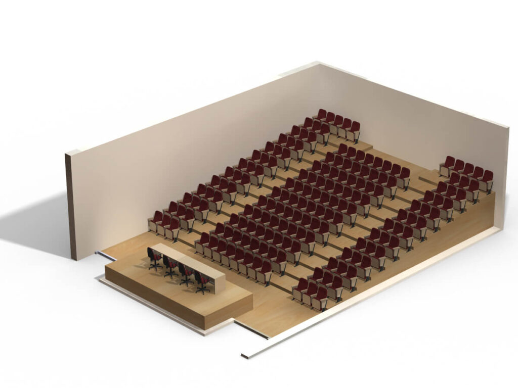 Representação de um auditório com filas de cadeiras vermelhas diante de um palco com mesa e cadeiras.