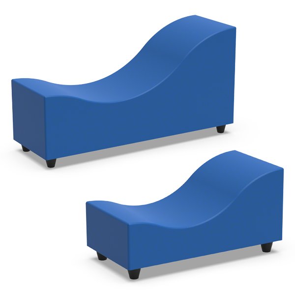 Dois assentos Block Lounge azuis, de diferentes alturas, com formas curvas e pés pretos.