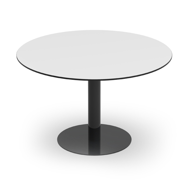 Mesa Bloom com tampo redondo branco e base central preta.
