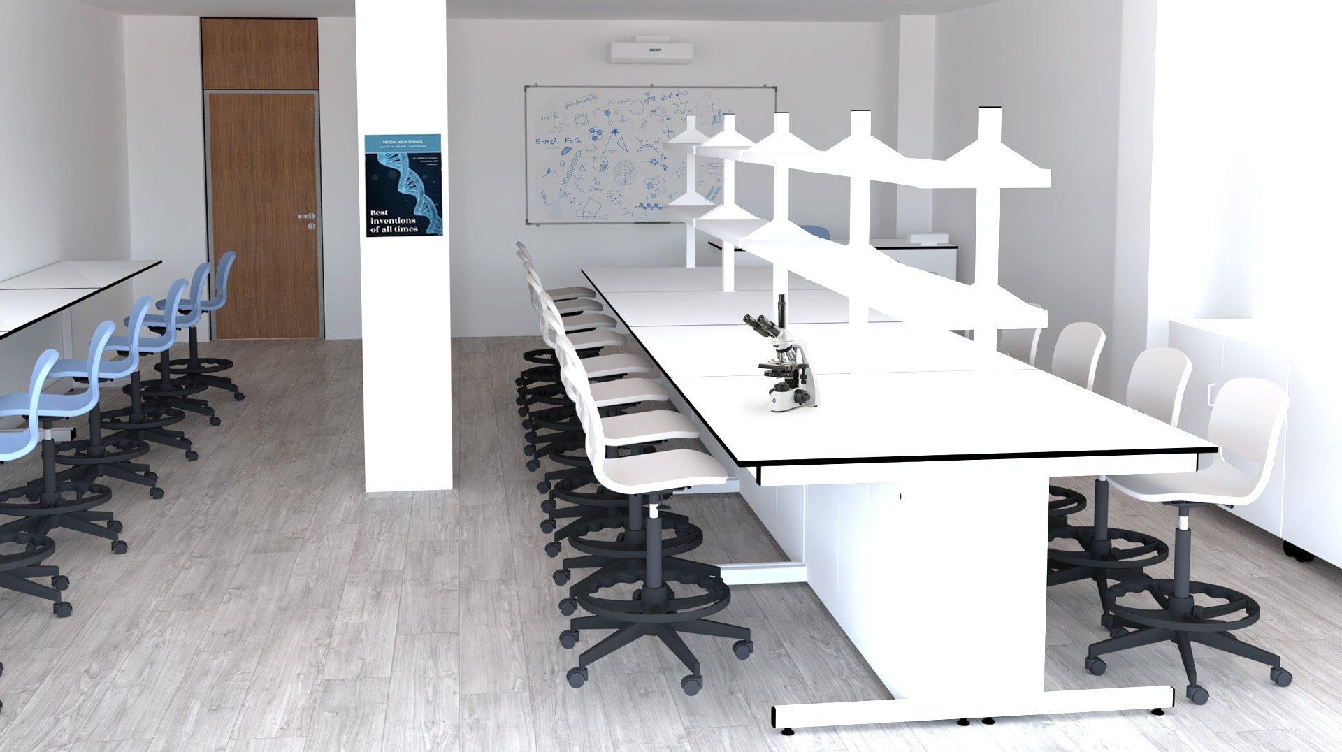Sala de ciências com bancadas brancas, bancos pretos, microscópio e quadro com diagramas.