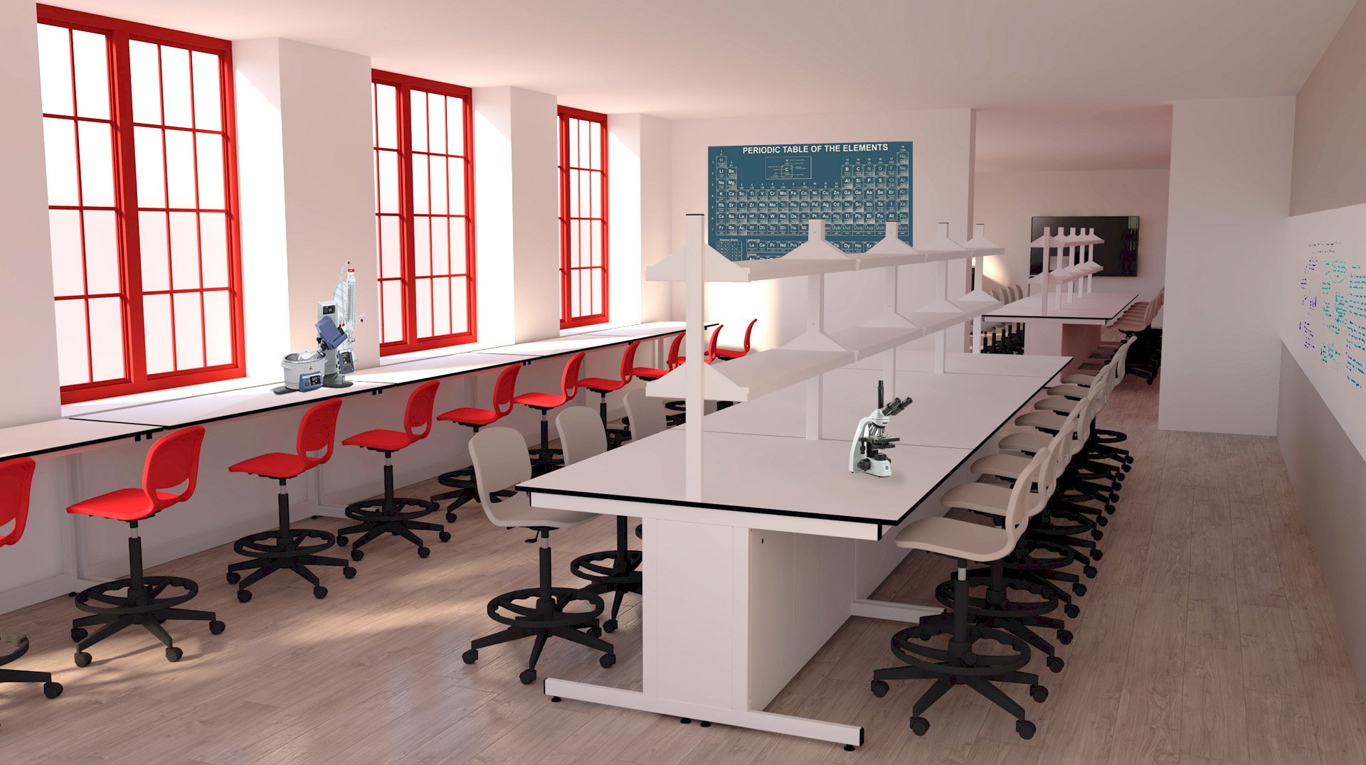 Sala de ciências com cadeiras vermelhas, bancadas brancas, microscópios e tabela periódica na parede.