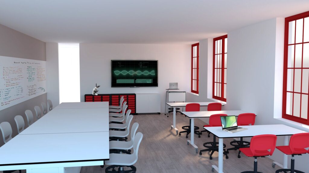 Sala com mesas brancas, cadeiras cinzentas e vermelhas, quadro e ecrã com uma representação de onda.