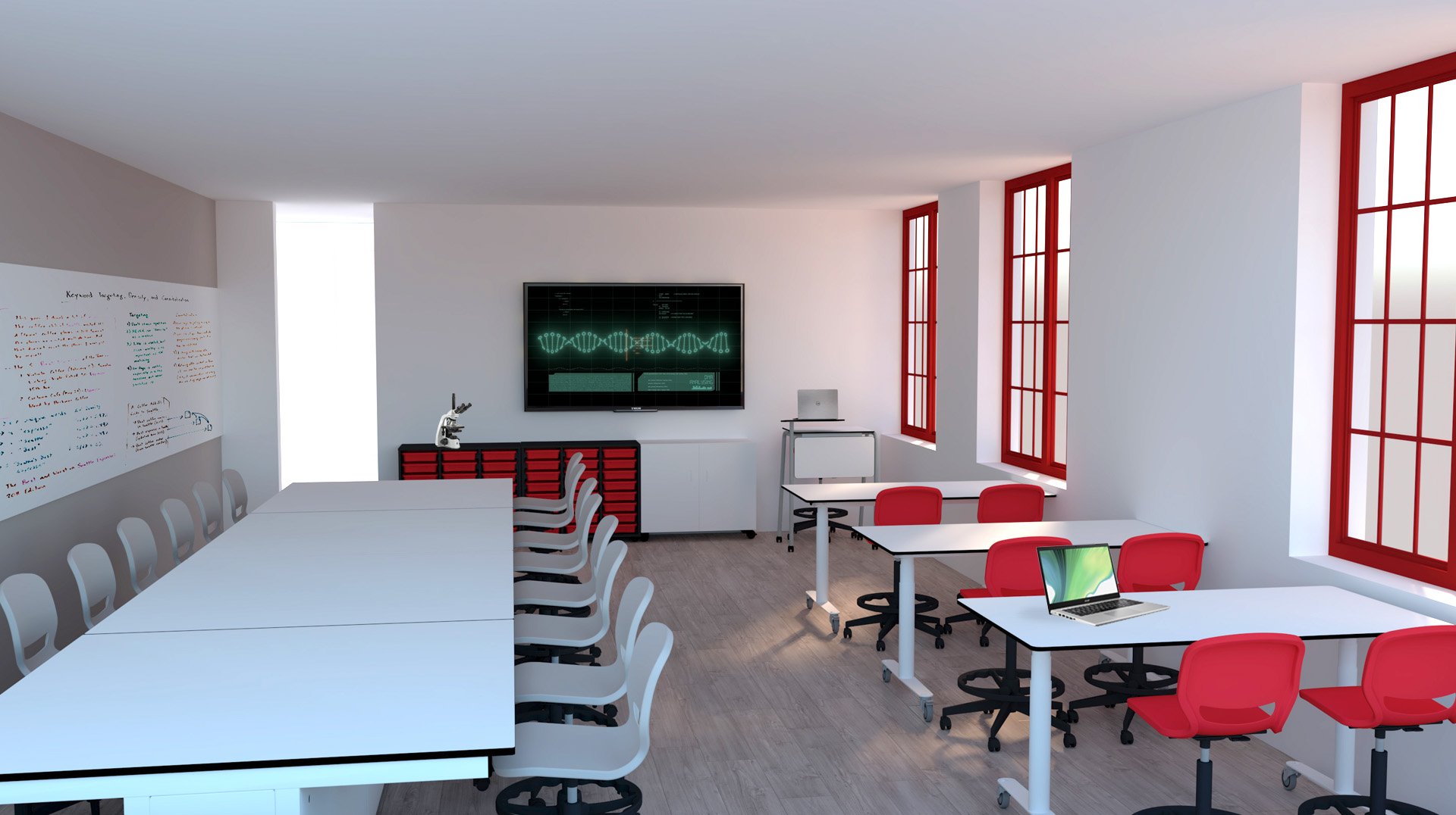 Sala com mesas brancas, cadeiras cinzentas e vermelhas, quadro e ecrã com uma representação de onda.