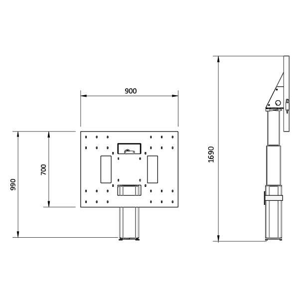 Desenho técnico do suporte Netboard Flow LED Parede, com vistas frontal e lateral e cotas.
