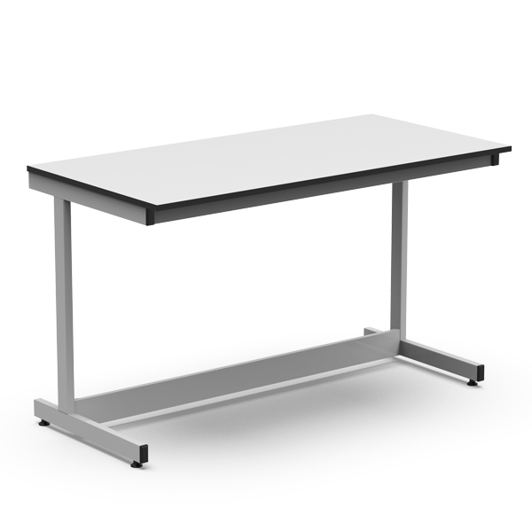 Bancada com tampo rectangular branco e pernas metálicas cinzentas.