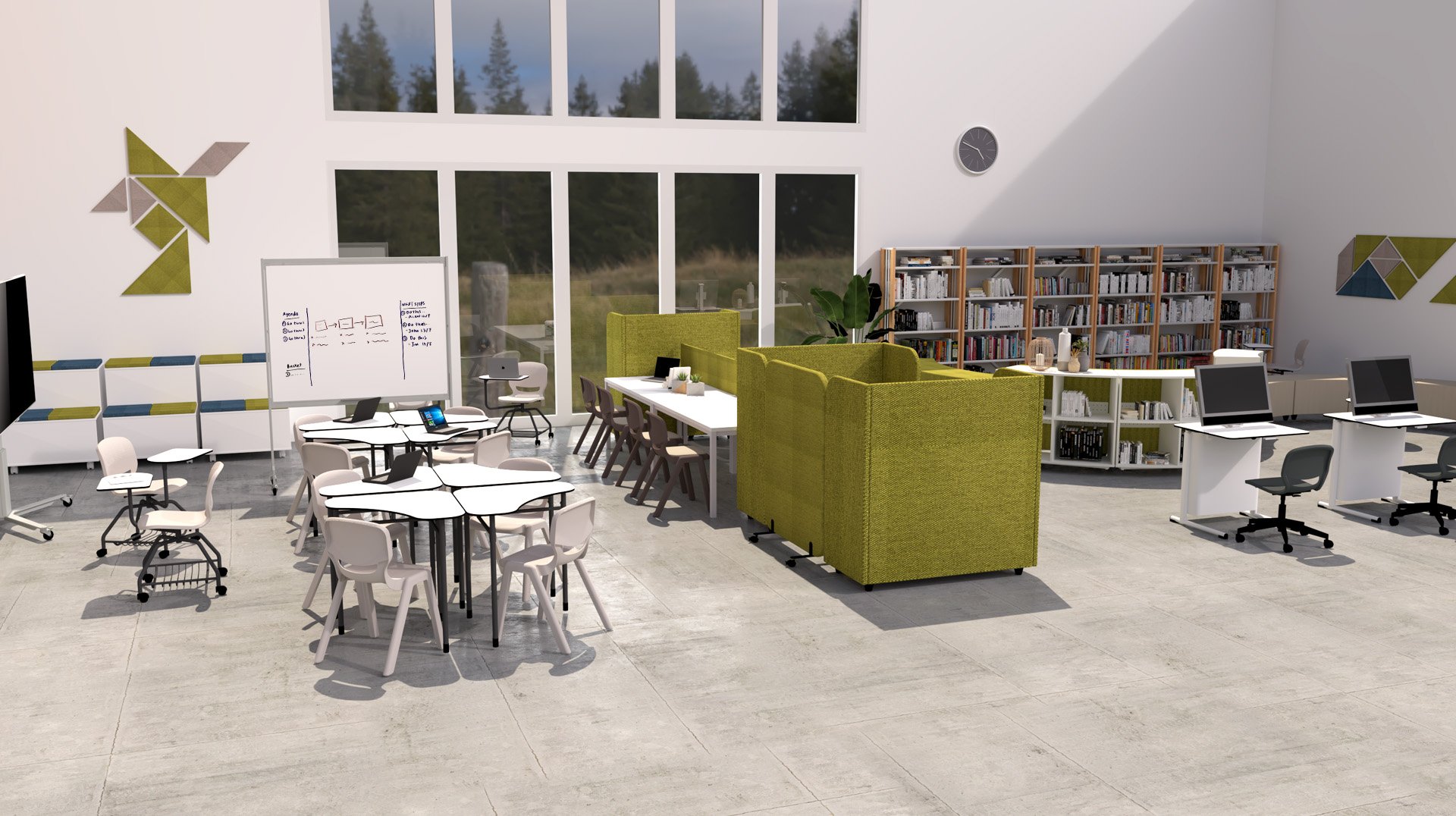 Biblioteca com mesas, cadeiras, estantes, computadores e assentos estofados verdes.