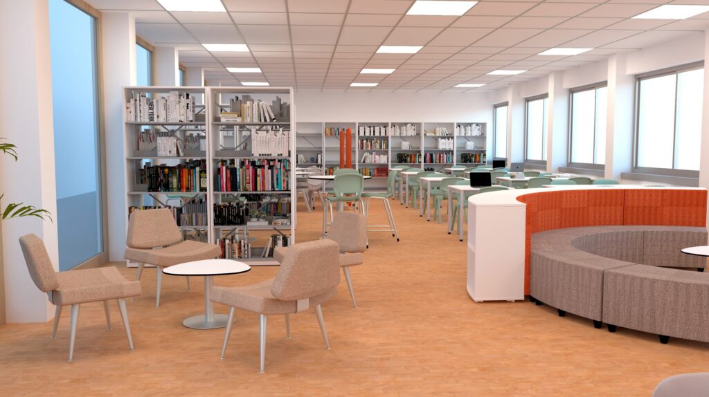 Espaço de estudo com estantes, mesas, cadeiras e uma zona de assentos curvos.
