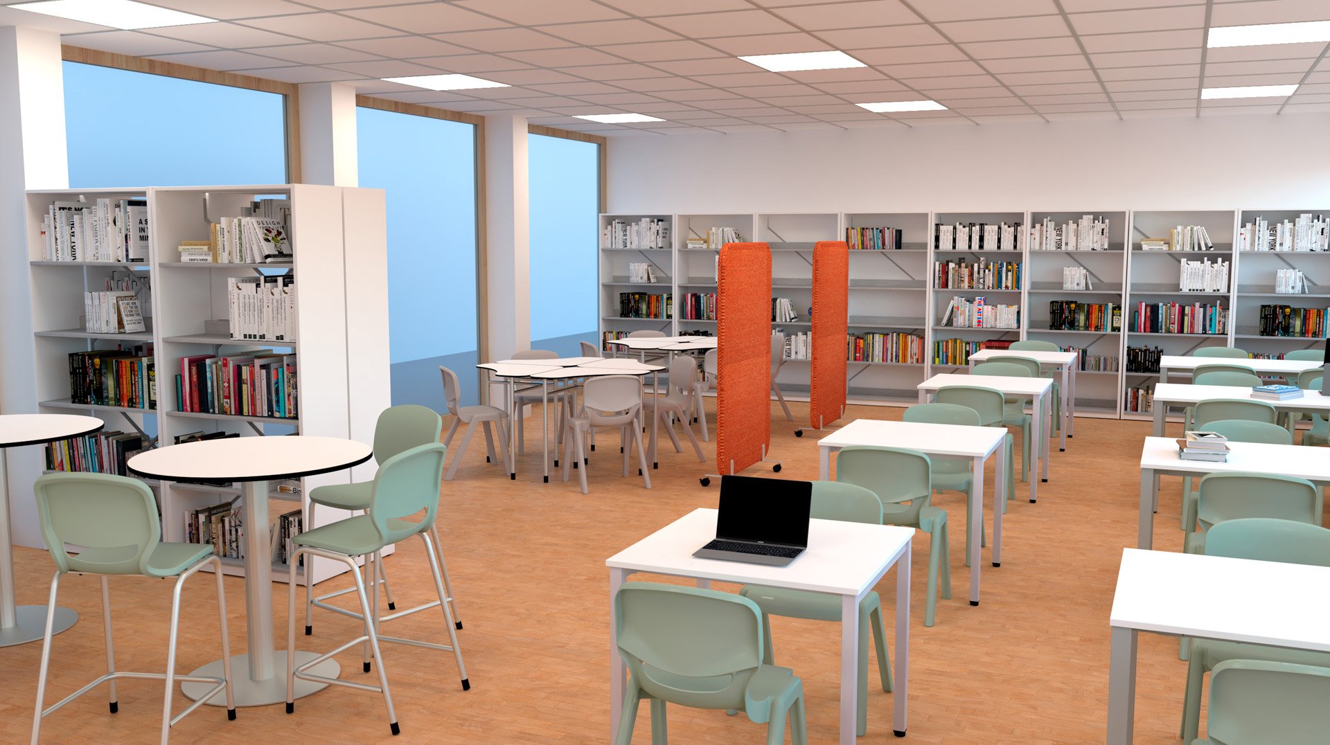 Biblioteca com mesas redondas e quadradas, cadeiras verde-menta e divisórias laranja.