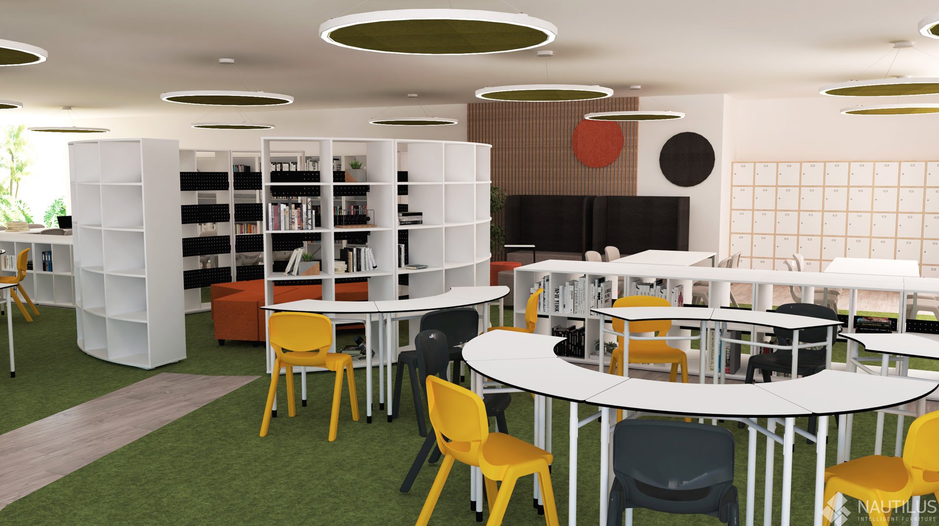 Biblioteca com estantes brancas, mesas curvas, cadeiras amarelas e pretas e pavimento verde.