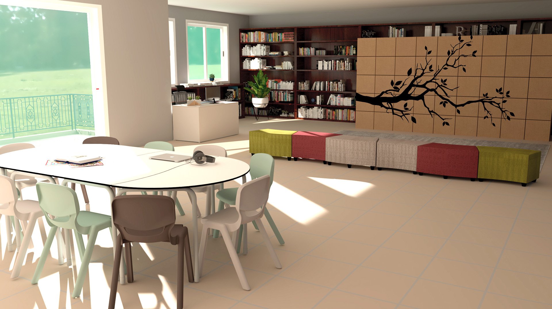 Biblioteca com mesa branca, cadeiras em tons pastel, banco modular de várias cores e painel com desenho de árvore.