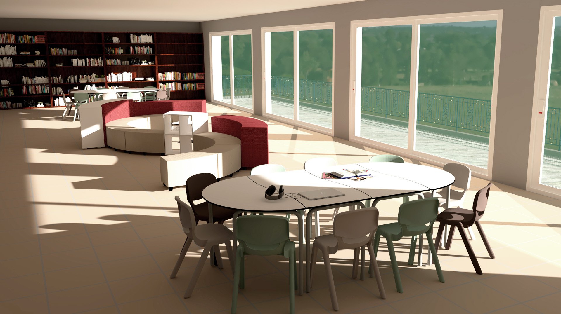 Biblioteca com mesas, cadeiras, estantes e zonas de assentos curvos junto a grandes janelas.