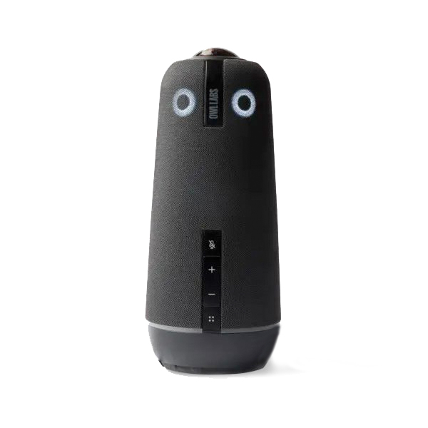Câmara de videoconferência OWL 4+ preta e cilíndrica, com luzes azuis e comandos frontais.