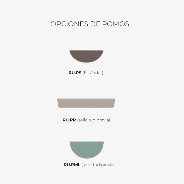 Três opções de puxadores: dois semicirculares e um alongado, com referências e indicações de fornecimento.