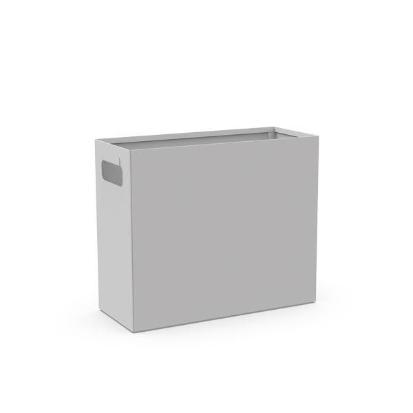Cesto para papéis cinzento, de forma rectangular, com pega recortada.