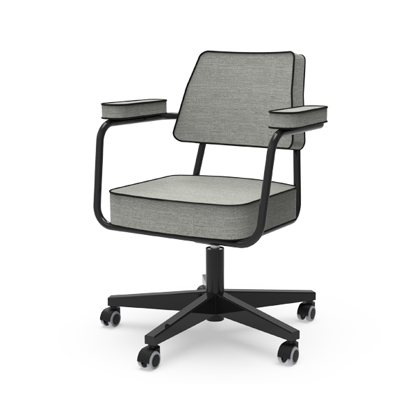 Cadeira de escritório cinzenta com estrutura preta, braços e base com rodas, vista em perspectiva.