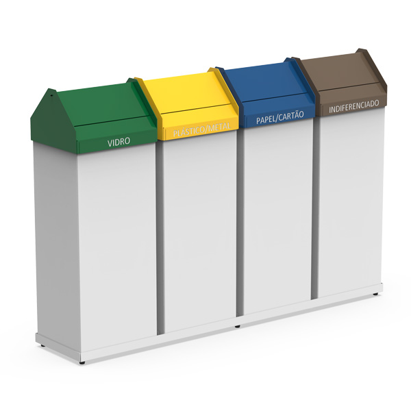 Conjunto de quatro contentores identificados para vidro, plástico e metal, papel e cartão e resíduos indiferenciados.